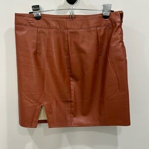 Camel faux leather skirt with slit on one side